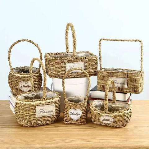 Cesto di Fiori in Rattan Intrecciato a Mano Con Maniglia Fodera Impermeabile Stile Pastorale Coreano Cesto Portaoggetti per Casa Matrimonio