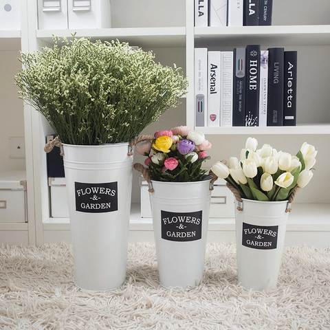 Seau à Fleurs en Fer Rétro Nordique Avec Poignées en Corde de Chanvre Vase en Métal Blanc pour Fleurs Séchées Décoration de Maison et Jardin