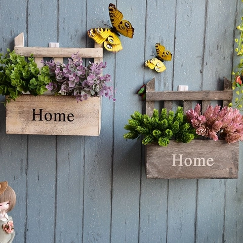 Jardinera de Pared Rústica de Madera Con Plantas Artificiales Letrero Home Letras Maceta Colgante Para Arte de Pared
