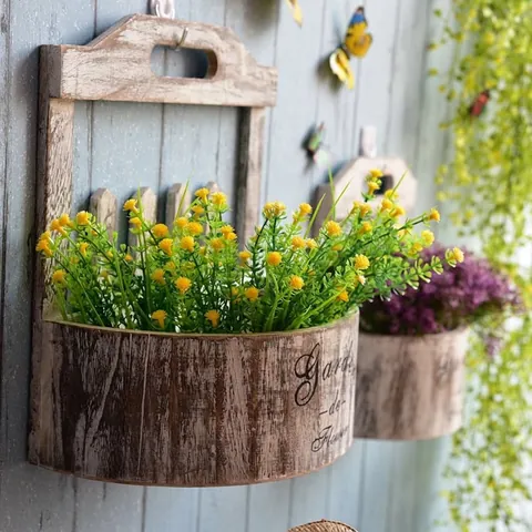 Pastorale Vintage Vaso da Fiori a Parete in Legno Invecchiato Cesto a Staccionata Decorazione Murale per Casa Giardino Balcone