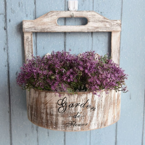 Pastorale Vintage Vaso da Fiori a Parete in Legno Invecchiato Cesto a Staccionata Decorazione Murale per Casa Giardino Balcone