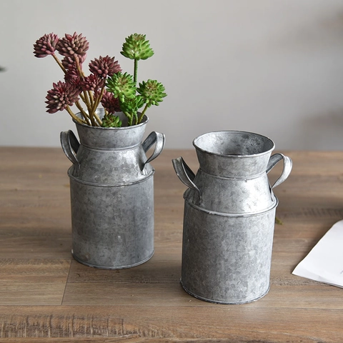 Vintage Metall Milchkannen Blumenvase Rustikaler Eisen Deko Eimer Bauernhaus Stil Blumentopf Für Trockenblumen Wohnkultur Mittelpunkt