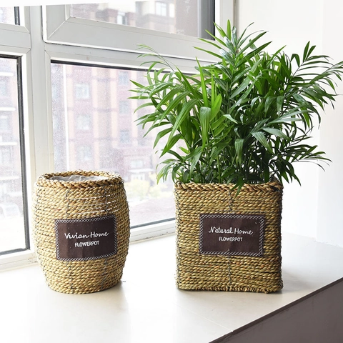 Pot de Fleurs en Paille Tissé à la Main Naturel Panier Décoratif Avec Doublure Imperméable Style Nordique Jardinière