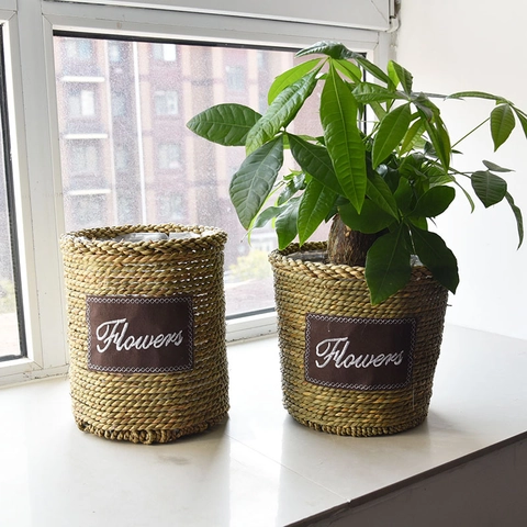 Pot de Fleurs en Paille Tissé à la Main Naturel Panier Décoratif Avec Doublure Imperméable Style Nordique Jardinière
