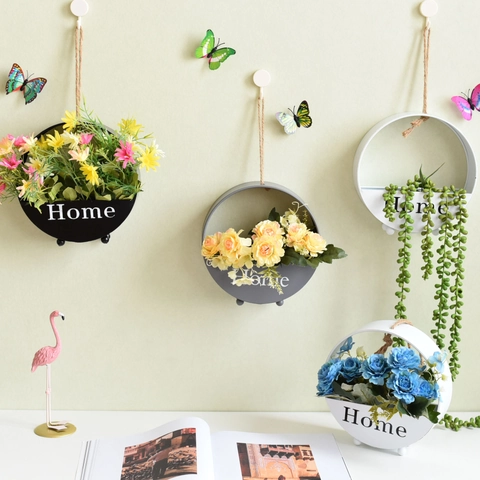 Vaso da Parete Rotondo in Ferro Cesto Decorativo in Metallo per Piante Con Stampa Home Per Soggiorno Fioriera a Muro