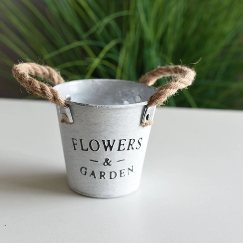 Secchiello per Fiori in Metallo Vintage Con Manici in Juta Vaso per Piante in Ferro Zincato Rustico per Decorazione Casa