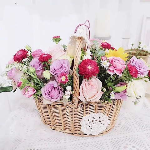 Cesto di Fiori in Rattan Intrecciato a Mano Con Decorazione in Pizzo Cesto Oval in Vimini per Casa Matrimonio Festa Picnic