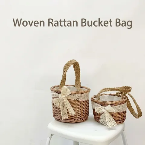 Handgemaakte Rotan Geweven Bucket Bag Voor Kinderen Vrouwen Kanten Strik Decor Pastorale Stijl Draagbare Kleine Opbergmand Handtas