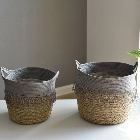 Handmade Woven Rattan Storage Basket With Tassel Decor Bohemian Planter Pot For Indoor Plant Decorative Storage Basket Home Decor