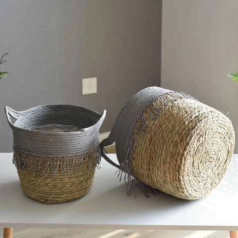Handmade Woven Rattan Storage Basket With Tassel Decor Bohemian Planter Pot For Indoor Plant Decorative Storage Basket Home Decor
