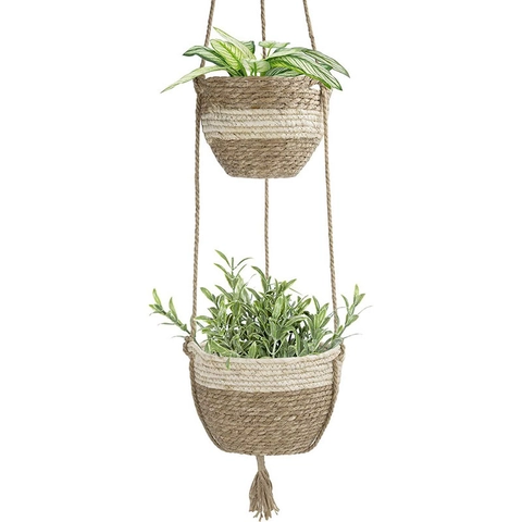 Cesto Portapiante Sospeso in Alga Marina Fatto a Mano Doppio Strato Intrecciato Boho Con Nappine per Decorazione Giardino Casa Interno Esterno