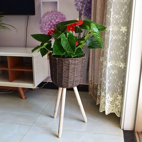 Supporto per Vaso da Fiori in Legno Intrecciato Nordico da Terra Cesto in Raffia Decorativo per Interni Soggiorno Balcone
