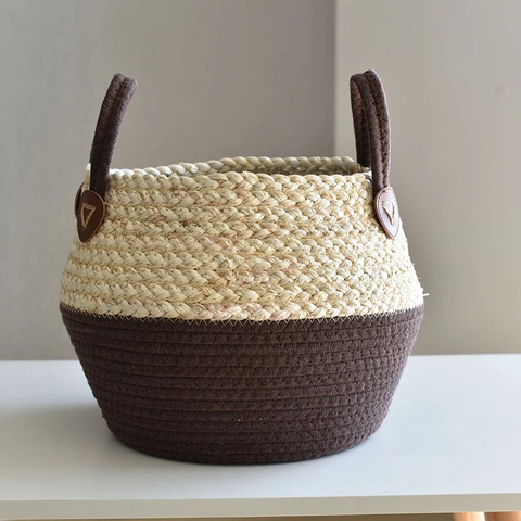 Cesto Portaoggetti in Corda di Cotone e Fibra Vegetale Intrecciata a Mano Nordica Coprivaso Decorativo Cesto per Biancheria con Manici