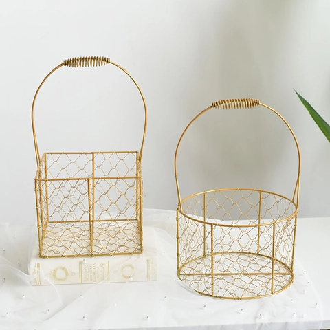 Gold Iron Metal Gift Basket Wedding Favor Packaging Basket With Star Tulle Mesh Pouch For Anniversary Party Storage Basket