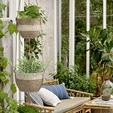 Fioriera Sospesa a 2 Livelli Intrecciata a Mano in Fibra Naturale Vaso da Fiori con Nappine Portapiante da Parete Boho Indoor