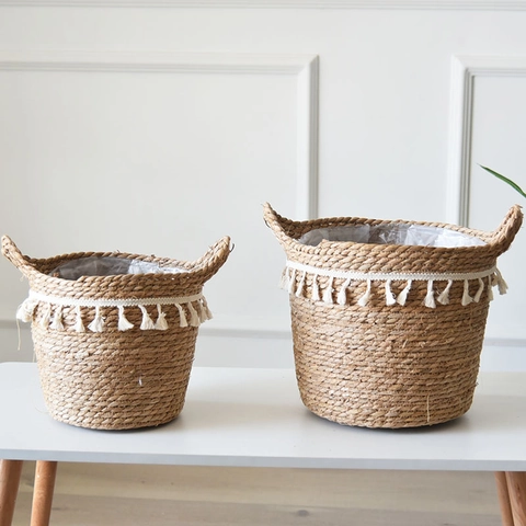 Nordisch Quasten Geflochtener Stroh Blumenkorb Handgefertigter Seegras Blumentopf Abdeckung Boho Home Aufbewahrungskorb Mit Griffen