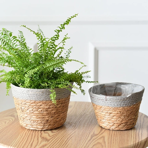 Panier de Pot de Fleur en Fibre Végétale Tissé à la Main Nordique Avec Doublure Imperméable Décoration Maison Naturel
