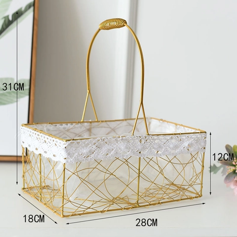 Cesto Portaoggetti in Filo Metallico Oro Con Bordo in Pizzo e Fodera per Confezioni Regalo Matrimonio Picnic Cesto Portatile Ferro