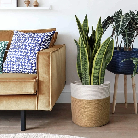 Moderne Gevlochten Katoenen Touw Mand Bloempot Cover Handgemaakt Tweekleurig Binnenshuis Decoratie Opbergmand Met Handgrepen