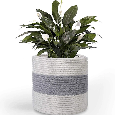 Cesto Intrecciato In Corda Di Canapa Minimalista Moderno Bianco E Grigio A Strisce Portaoggetti Coprivaso Decorativo Per Casa
