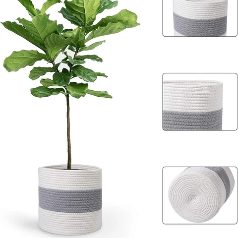 Cesto Intrecciato In Corda Di Canapa Minimalista Moderno Bianco E Grigio A Strisce Portaoggetti Coprivaso Decorativo Per Casa