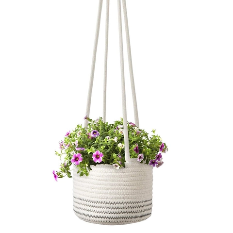 Handmade Woven Hanging Plant Basket Cotton Rope Planter Indoor Outdoor Flower Pot Holder Wall Decor Storage Basket
