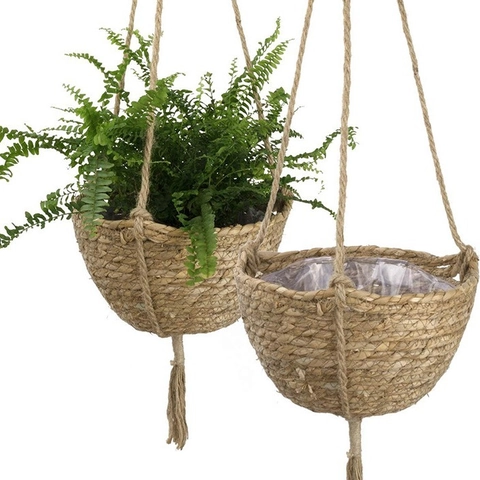 Cesto Appeso Intrecciato a Mano in Erba Naturale Vaso per Piante Fiori Con Nappina Fodera Impermeabile Decorazione da Parete