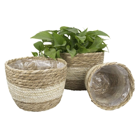 Natuurlijk Zeegras Geweven Plantenmand Met Waterdichte Voering Handgeweven Bloempot Cover Voor Binnen Buiten Huis Decor Opslag Mand Set