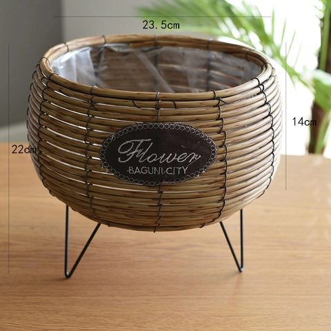 Fioriera in Rattan Intrecciato a Mano Con Supporto in Metallo Moderno Cesto per Piante Rotondo Decorativo per Casa Giardino Ufficio