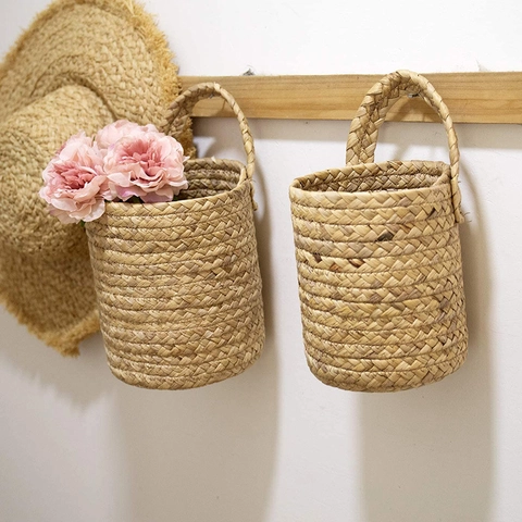 Cesto Appeso in Paglia Intrecciata a Mano Organizzatore per Conservazione a Parete in Fibra Vegetale Naturale Fioriera Decorativa Cilindrica