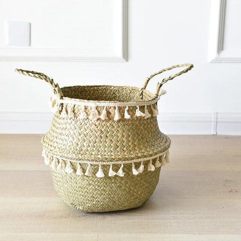 Cesto in Alga Marina Intrecciato a Mano Con Nappe Coprivaso Pieghevole Cesto Portaoggetti Decorativo per la Casa