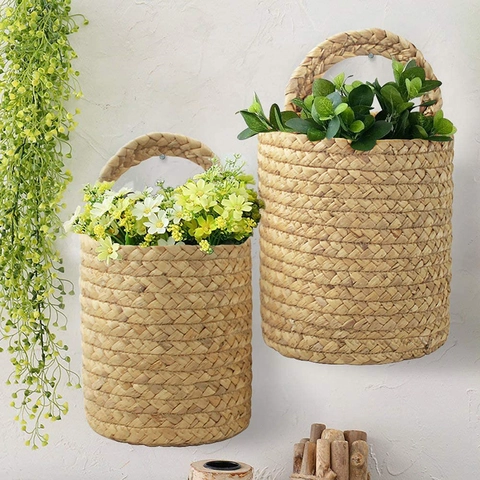 Cesto Appeso in Paglia Intrecciata a Mano Organizzatore per Conservazione a Parete in Fibra Vegetale Naturale Fioriera Decorativa Cilindrica