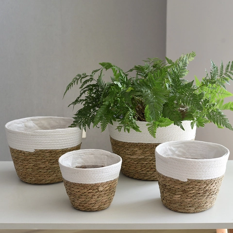 Cesto per Piante in Erba Marina Intrecciato a Mano Con Rivestimento Impermeabile Coprivaso per Interni Cesto in Paglia Casa