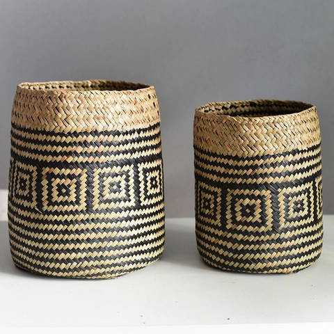 Cesta de Almacenamiento de Hierba Tejida a Mano Patrón Geométrico Bohemio Florero para Sala de Estar Decoración del Hogar