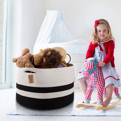 Extra Grote Katoenen Touw Geweven Wasmand Moderne Gestreepte Opbergmand Met Handvatten Voor Kleding Speelgoed Organisatie