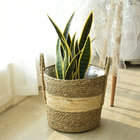 Handgeweven Zeegras Opbergmand Stro Bloempot Cover Indoor Planter Met Handvatten Waterdichte Voering Natuurlijke Beige Geweven Planter Voor Huis Decor