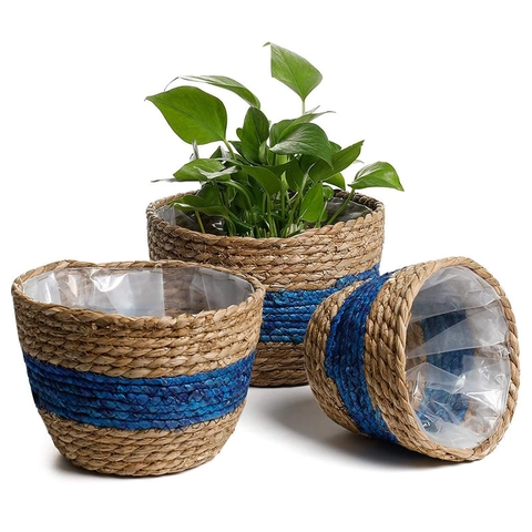 Natuurlijk Zeegras Geweven Bloempot Ronde Opbergmand Met Waterdichte Voering Blauwe Streep Handgemaakte Plantenmand Decor