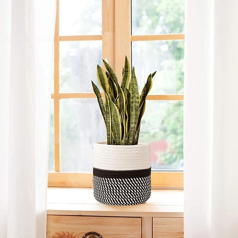Cotton Rope Woven Storage Basket Round Color Blocking Hand-Woven Decorative Laundry Basket Flower Pot Cover Home Organizer