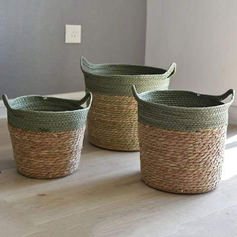 Cesto Portaoggetti Intrecciato in Alga Marina a Due Toni Fatto a Mano Coprivaso in Paglia Naturale Con Manici per Arredo Casa