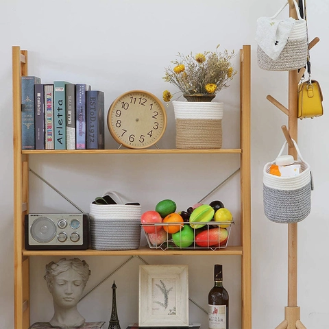 Handgeweven Hennep Touw Hangmand Tweekleurige Minimalistische Wandorganisator Voor Huis Keuken Diversen Decoratieve Opbergmand