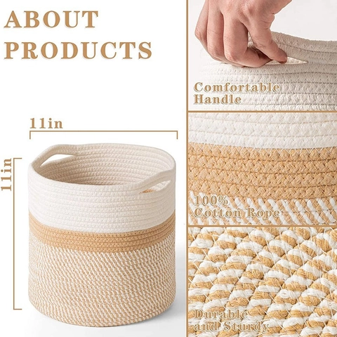 Handgeweven Hennep Opbergmand Rond Tweekleurig Geweven Plantenpothoes Met Handvatten Scandinavische Decoratieve Wasmand Home Organizer