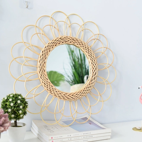 Handwoven Rattan Wall Mirror Sunflower Geometric Decorative Mirror For Living Room Bathroom Bohemian Rustic Home Decor Accents
