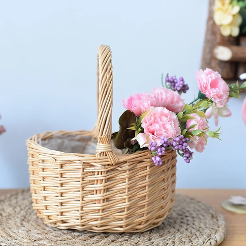 Cesto di Fiori in Rattan Intrecciato a Mano Rustico Con Manico Cesto da Picnic in Salice Ovale Per Decorazione Casa Festa Matrimonio
