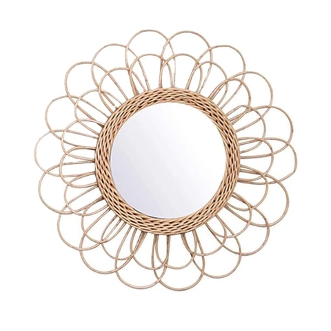 Handwoven Rattan Wall Mirror Sunflower Geometric Decorative Mirror For Living Room Bathroom Bohemian Rustic Home Decor Accents