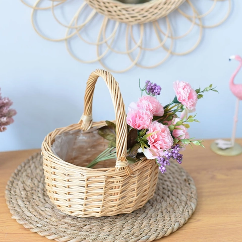Cesto di Fiori in Rattan Intrecciato a Mano Rustico Con Manico Cesto da Picnic in Salice Ovale Per Decorazione Casa Festa Matrimonio