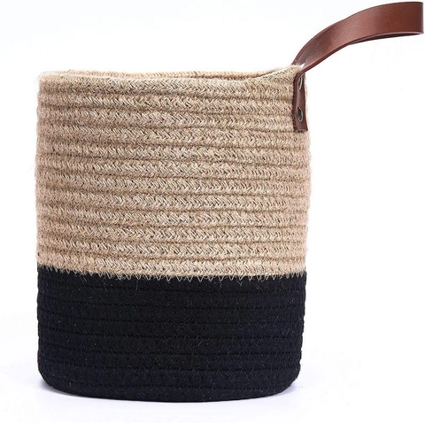 Handwoven Jute Hanging Basket With Leather Handle Two Tone Round Storage Bin For Plants Sundries Wall Hanging Home Decor