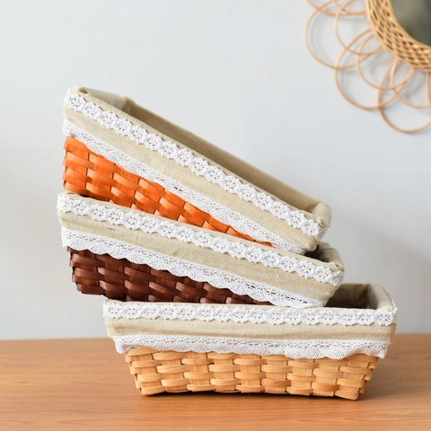 Cesto Portaoggetti in Rattan e Legno Intrecciato a Mano Con Bordo in Pizzo e Fodera in Tessuto Organizzatore Rettangolare