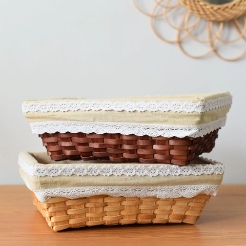 Cesto Portaoggetti in Rattan e Legno Intrecciato a Mano Con Bordo in Pizzo e Fodera in Tessuto Organizzatore Rettangolare