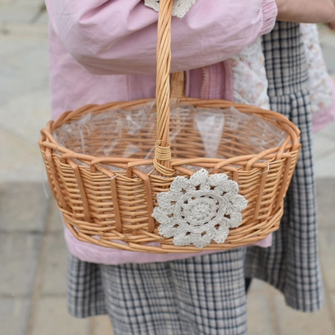 Cesta de Flores Tejida a Mano de Ratán Con Encaje de Girasol Asa Arqueada Cesta Ovalada para Boda Regalo Almacenamiento Picnic