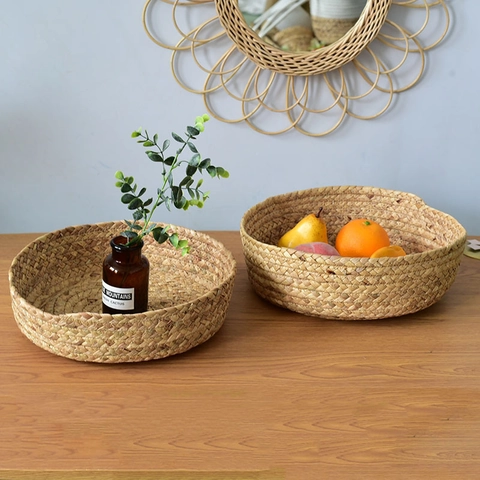 Handmade Water Hyacinth Woven Storage Basket Round Desktop Sundries Organizer Tray For Home Decor Natural Straw Fruit Bowl